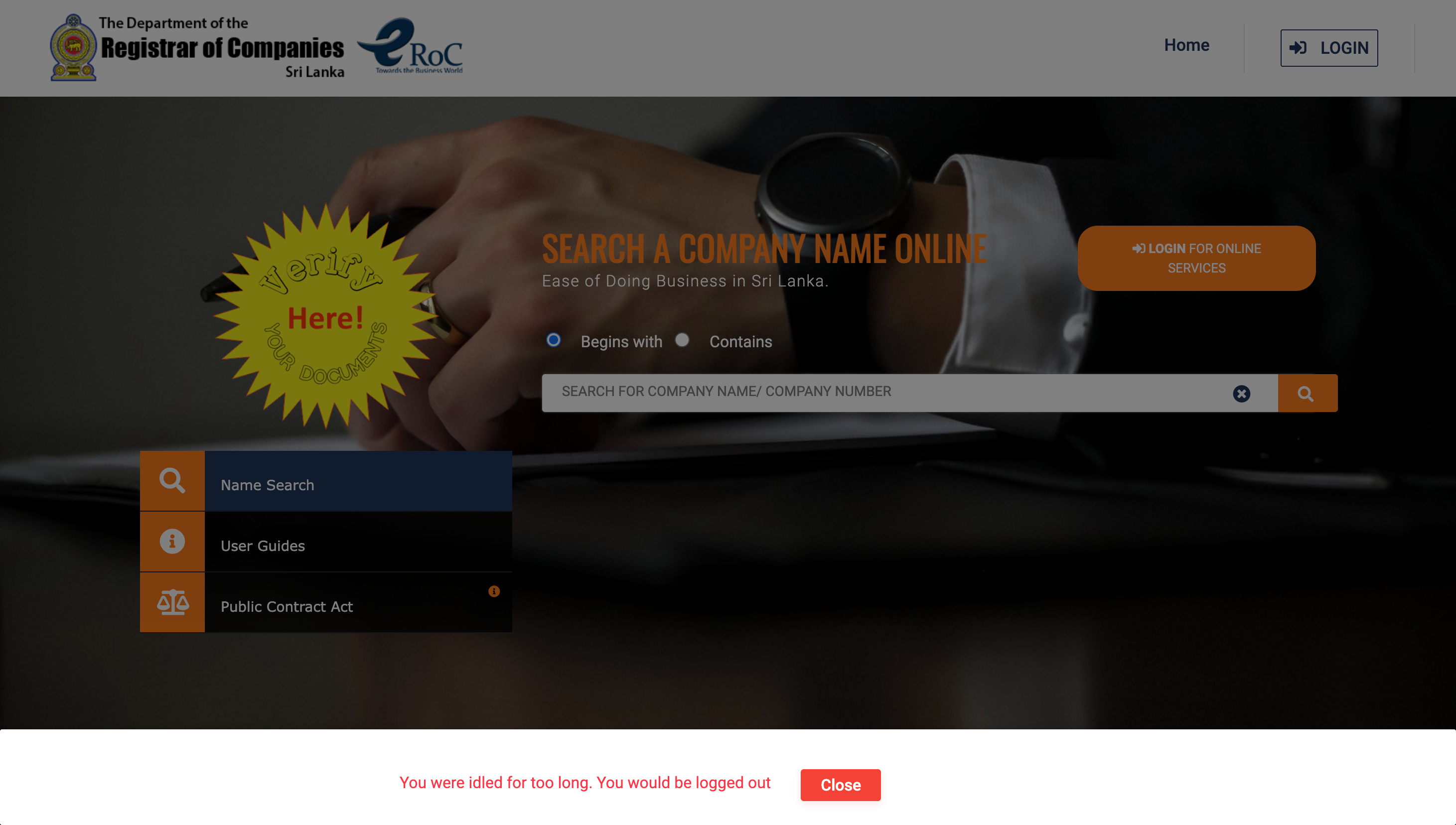 eRoC homepage with login for online services highlighted