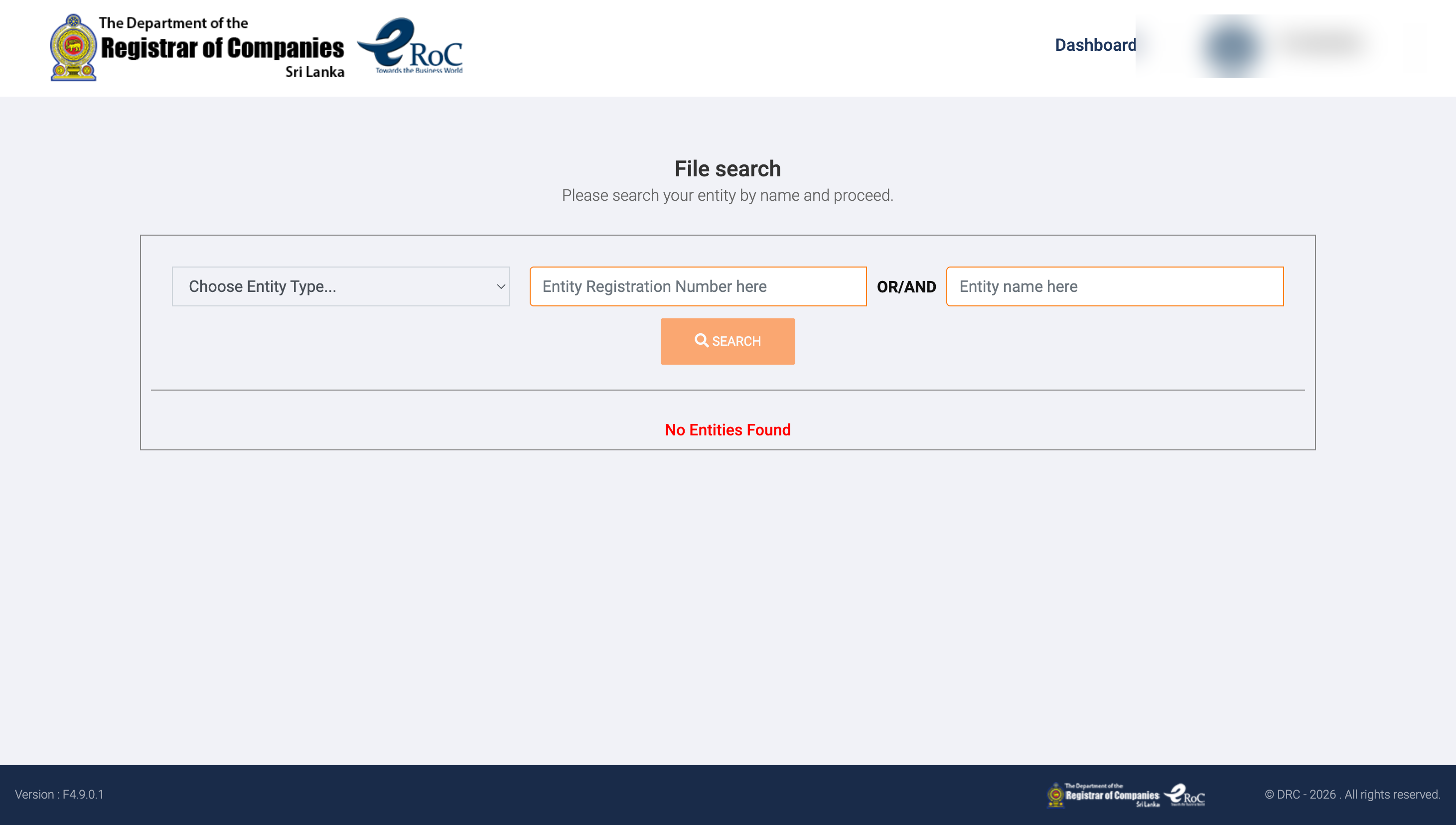 eRoC file search form with entity registration number and name fields