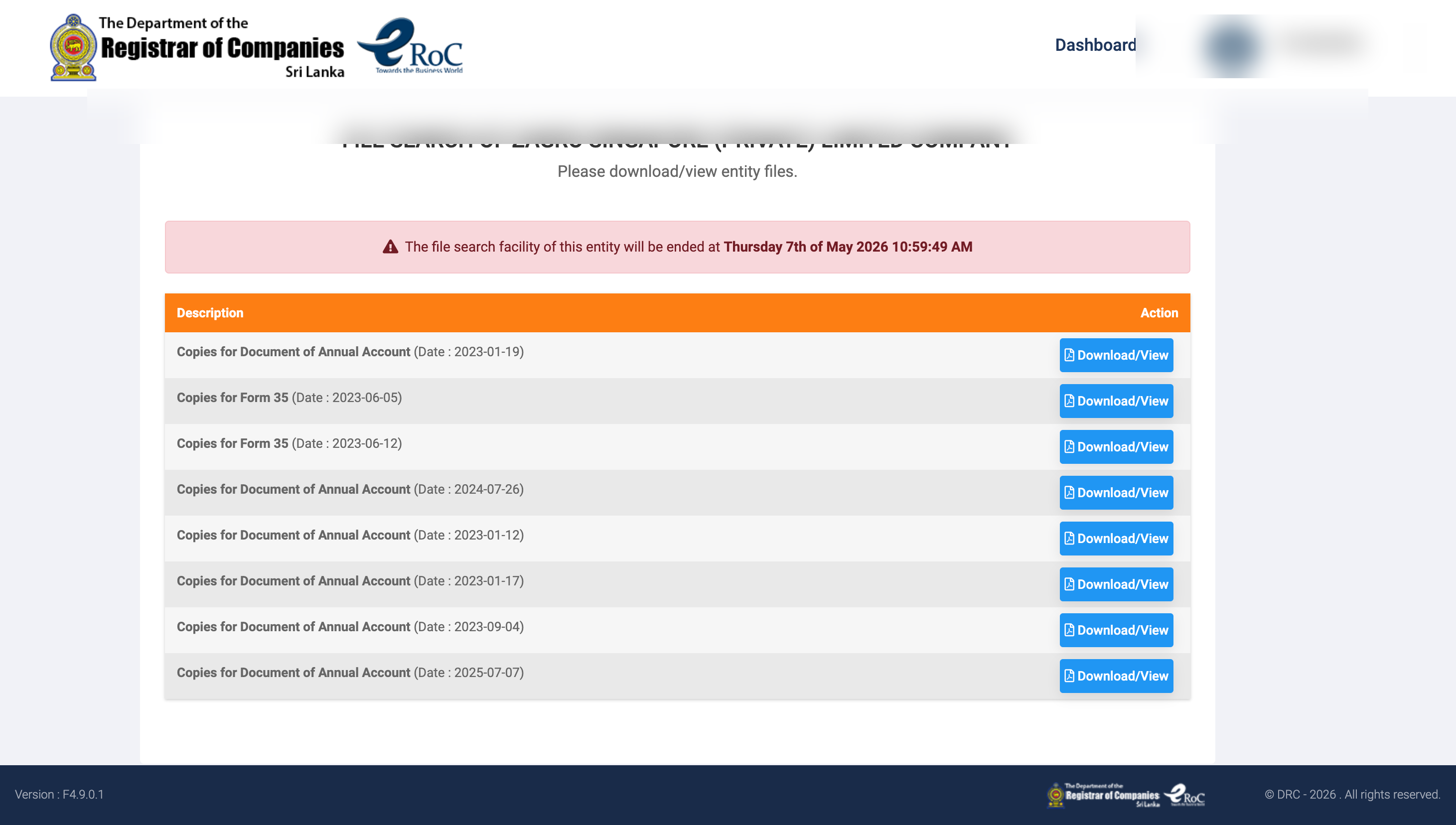 eRoC file search results listing company documents